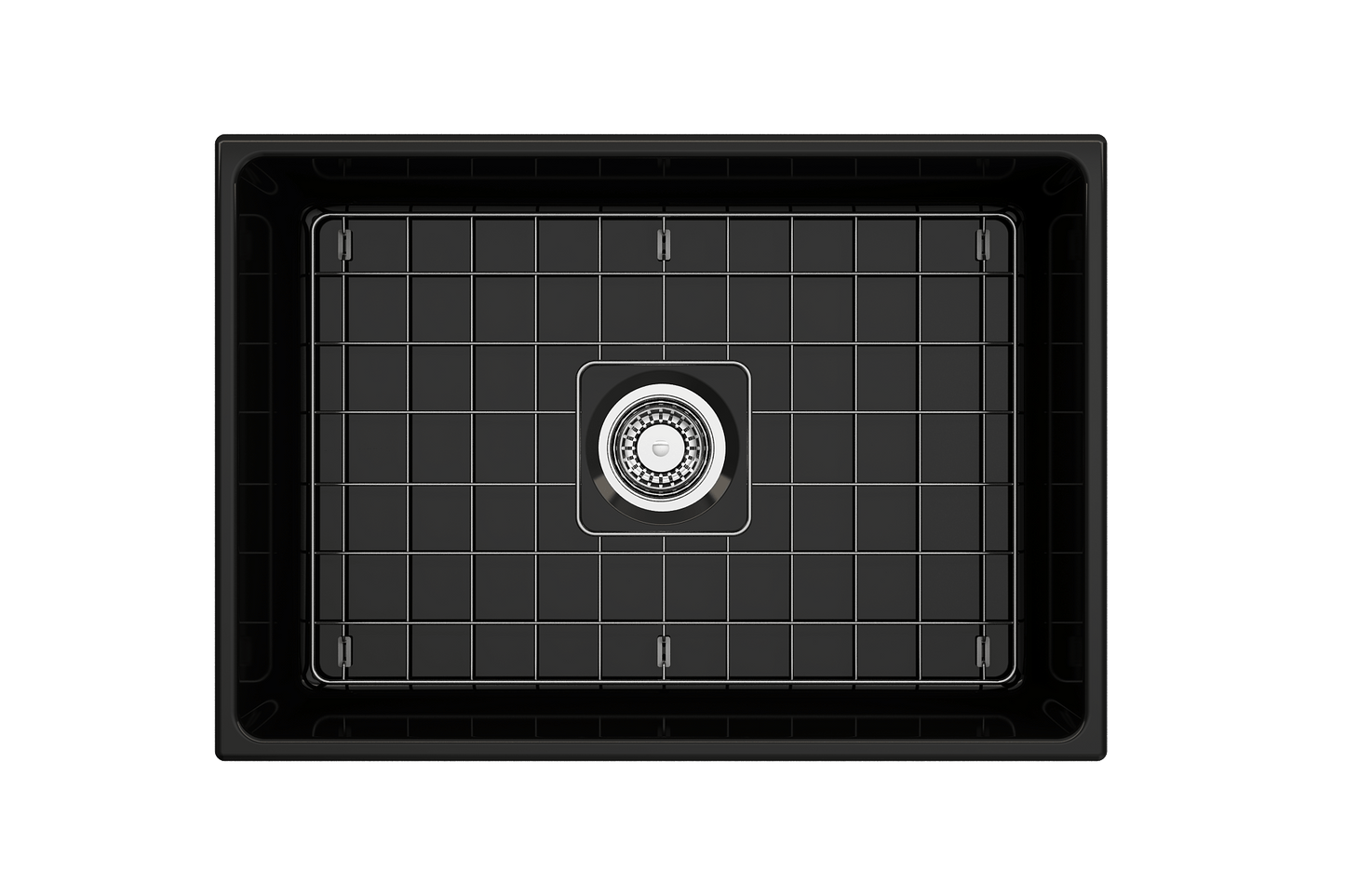 BOCCHI CONTEMPO 27" Fireclay Farmhouse Single Bowl Kitchen Sink with Protective Bottom Grid and Strainer - Black Finish, Top View.