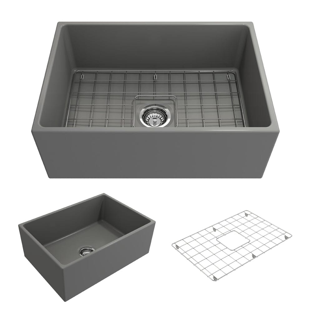 BOCCHI CONTEMPO 27" Fireclay Farmhouse Single Bowl Kitchen Sink with Protective Bottom Grid and Strainer in gray finish.