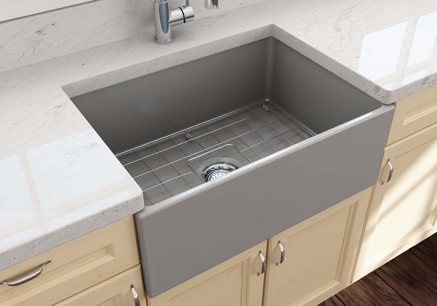 BOCCHI CONTEMPO 27" Fireclay Farmhouse Single Bowl Kitchen Sink with Protective Bottom Grid and Strainer in Matte Gray, top view.