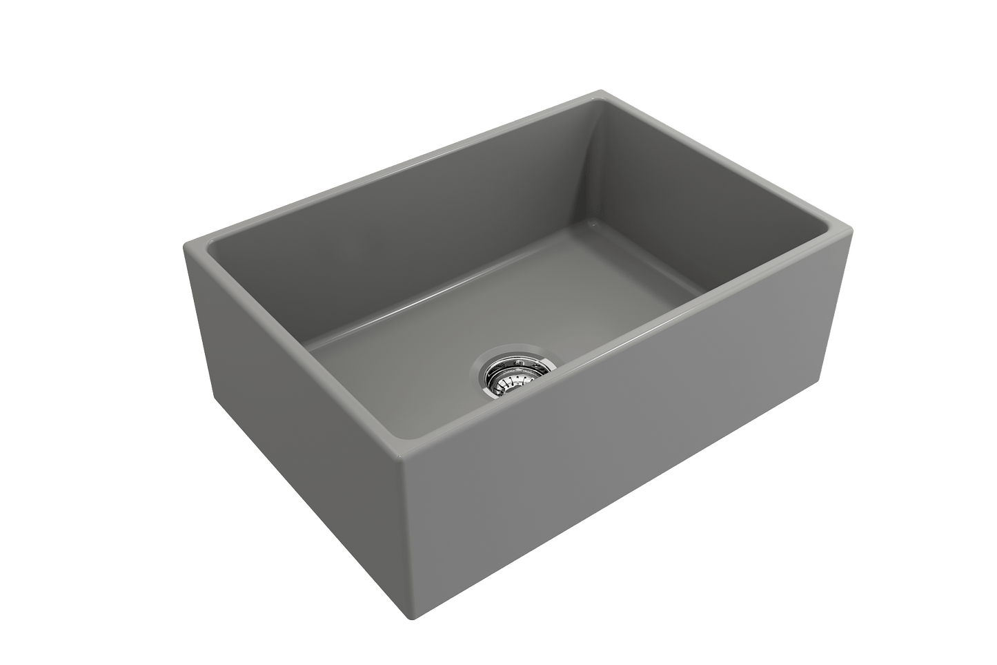 BOCCHI CONTEMPO 27" Fireclay Farmhouse Single Bowl Kitchen Sink with Protective Bottom Grid and Strainer in gray, top right view.