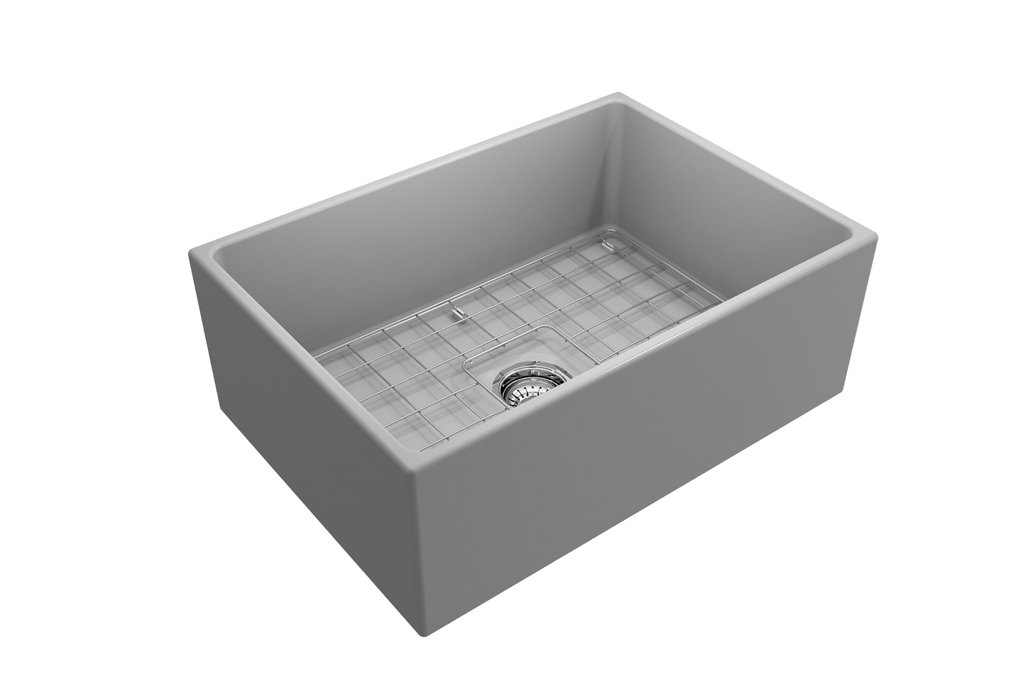 BOCCHI CONTEMPO 27" Fireclay Farmhouse Single Bowl Kitchen Sink with Protective Bottom Grid and Strainer - right side view in white