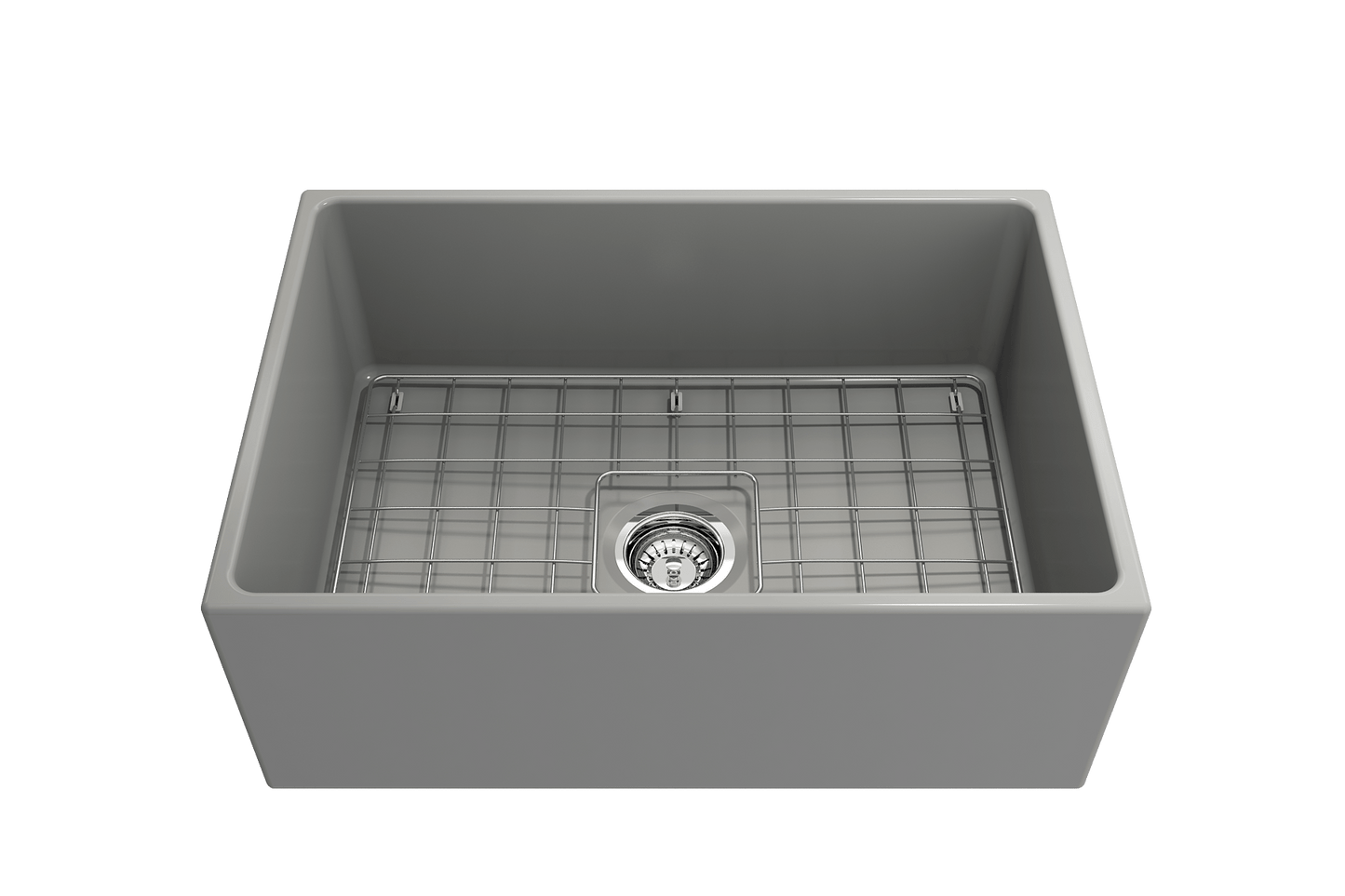 BOCCHI CONTEMPO 27" Fireclay Farmhouse Single Bowl Kitchen Sink with Protective Bottom Grid and Strainer in gray, top view.