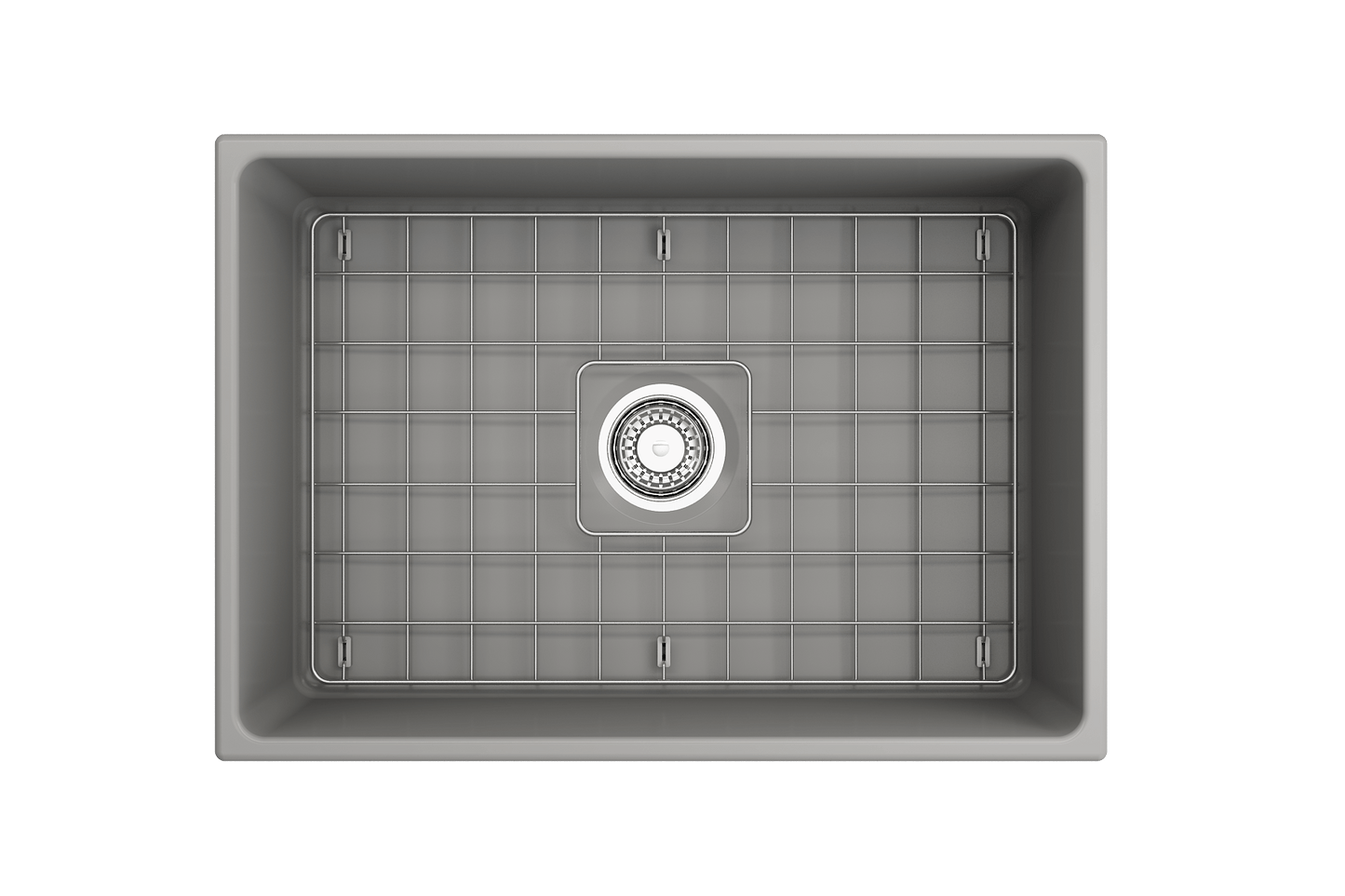 Top view of BOCCHI CONTEMPO 27" Fireclay Farmhouse Single Bowl Kitchen Sink with Protective Bottom Grid and Strainer in gray.