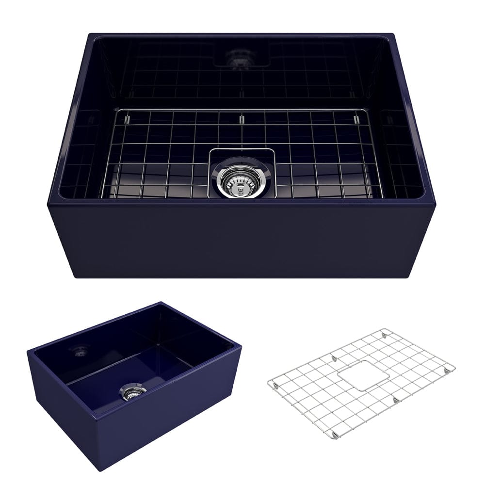 BOCCHI CONTEMPO 27" Fireclay Farmhouse Single Bowl Kitchen Sink with Protective Bottom Grid and Strainer in deep blue finish