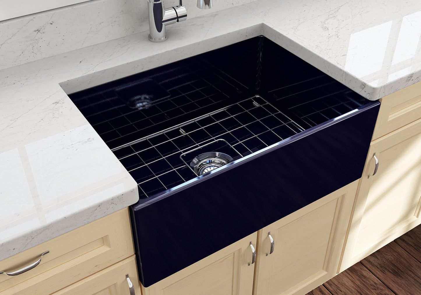 BOCCHI CONTEMPO 27" Fireclay Farmhouse Single Bowl Kitchen Sink with Protective Bottom Grid and Strainer in Sapphire Blue, top view.