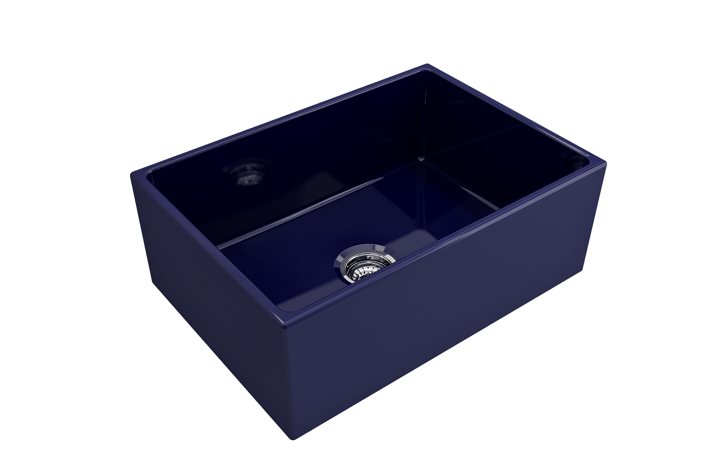 BOCCHI CONTEMPO 27" Fireclay Farmhouse Single Bowl Kitchen Sink with Protective Bottom Grid and Strainer in deep blue.