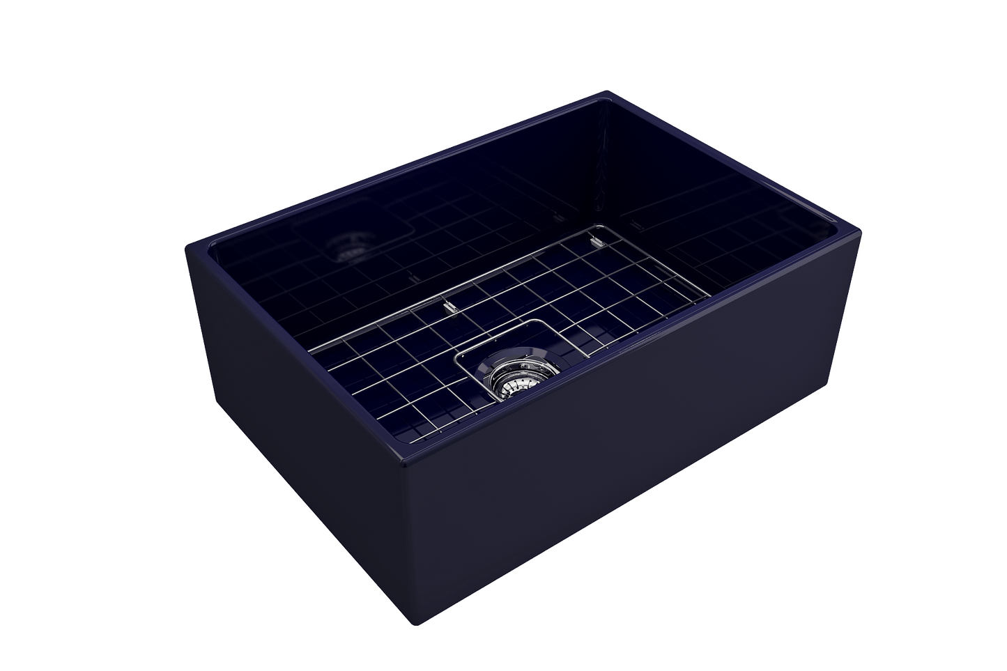 BOCCHI CONTEMPO 27" Fireclay Farmhouse Single Bowl Kitchen Sink with Protective Bottom Grid and Strainer in navy finish, top view.