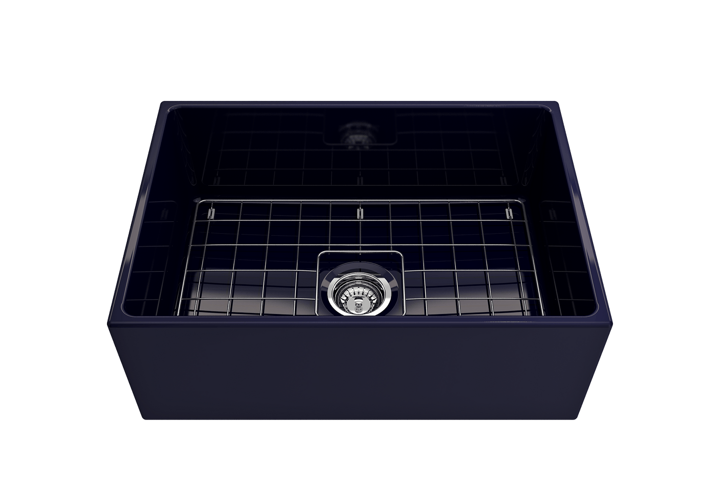 Top view of BOCCHI CONTEMPO 27" Fireclay Farmhouse Single Bowl Kitchen Sink with Protective Bottom Grid and Strainer in navy.