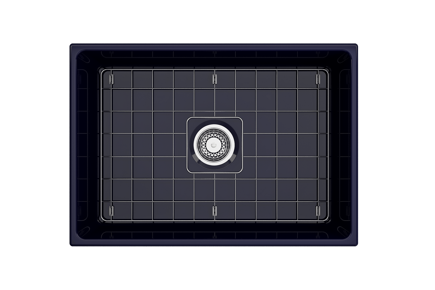 Top view of BOCCHI CONTEMPO 27" Fireclay Farmhouse Single Bowl Kitchen Sink with Protective Bottom Grid and Strainer in black.