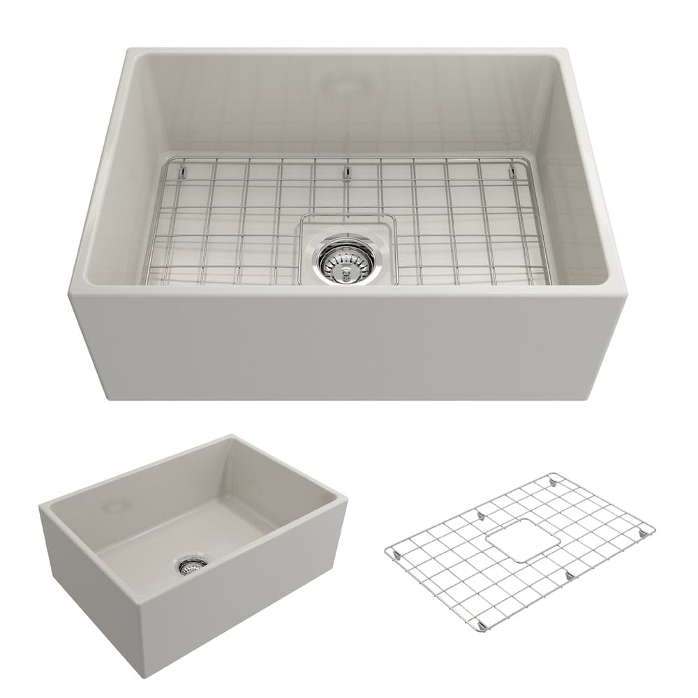 BOCCHI CONTEMPO 27" Fireclay Farmhouse Single Bowl Kitchen Sink with Protective Bottom Grid and Strainer, top view, white finish