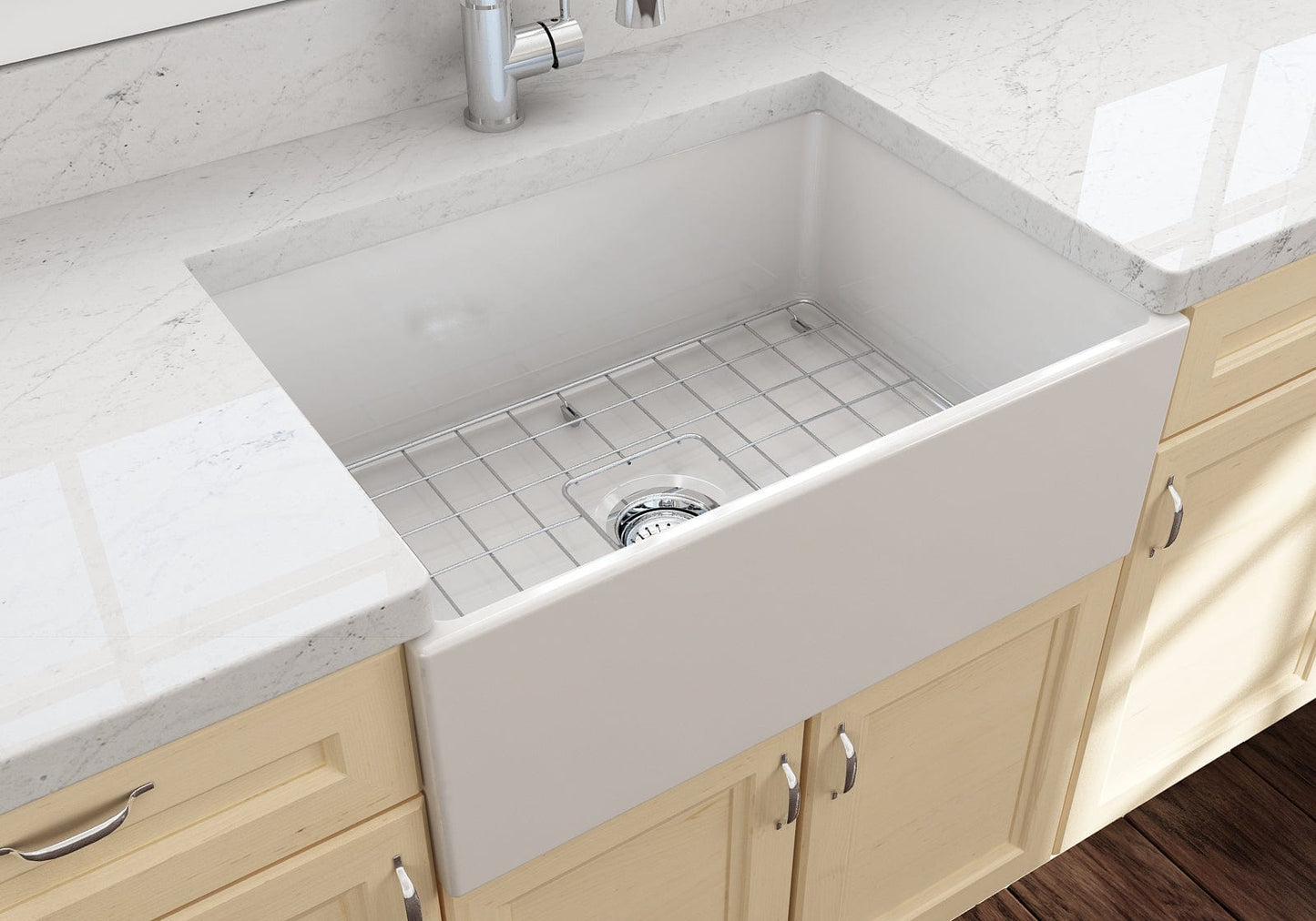 BOCCHI CONTEMPO 27" Fireclay Farmhouse Single Bowl Kitchen Sink with Protective Bottom Grid and Strainer top view with grid