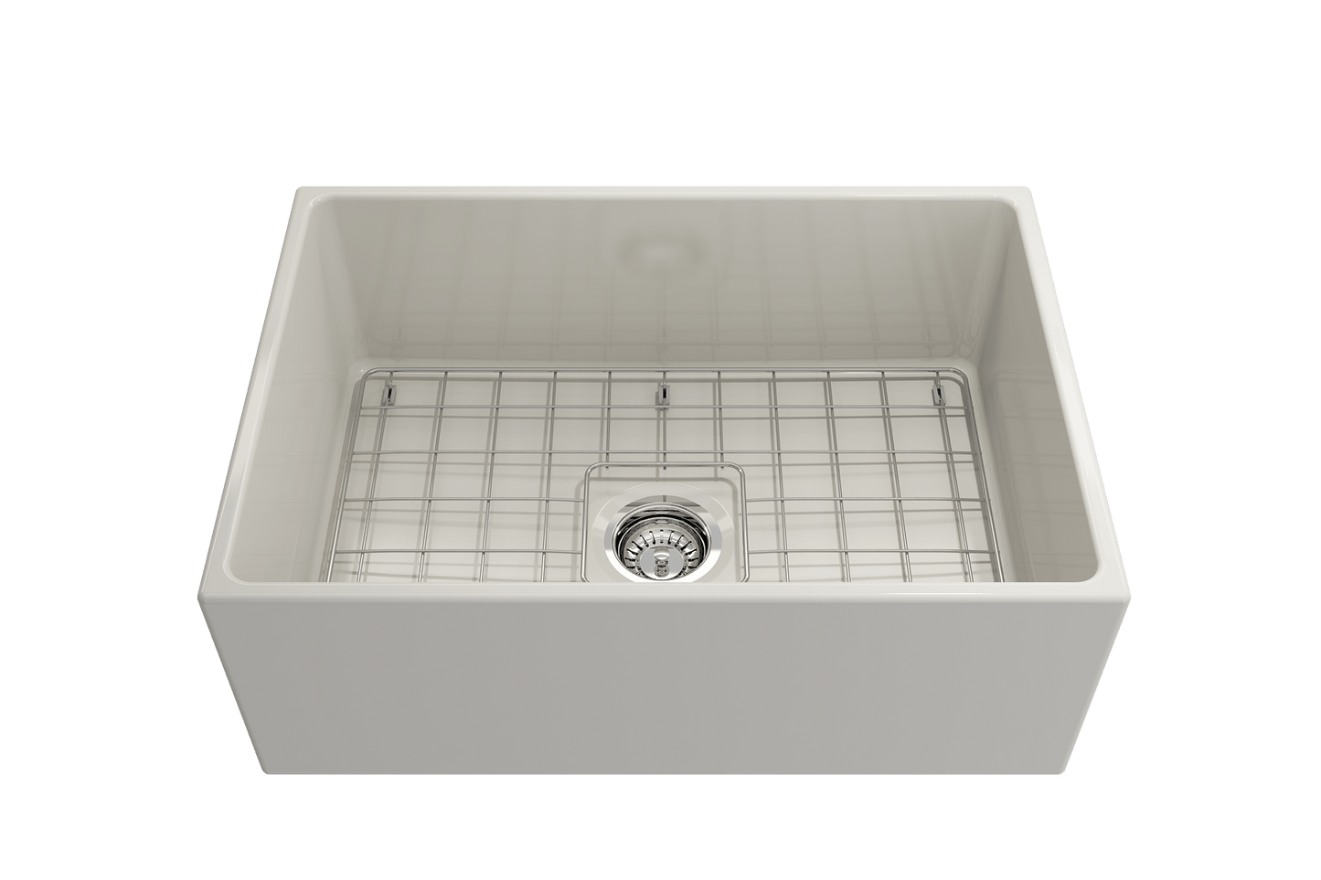 BOCCHI CONTEMPO 27" Fireclay Farmhouse Single Bowl Kitchen Sink with Protective Bottom Grid and Strainer top view in white color.