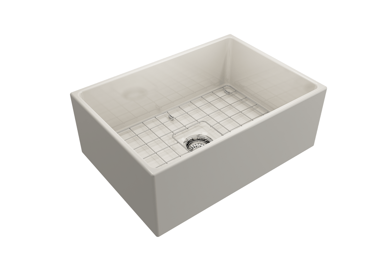 BOCCHI CONTEMPO 27" Fireclay Farmhouse Single Bowl Kitchen Sink with Protective Bottom Grid and Strainer in white finish.