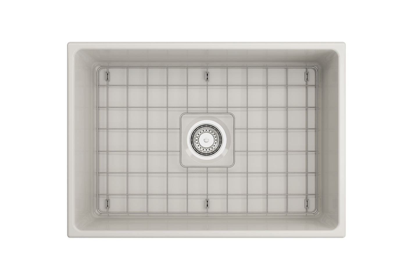 Top view of BOCCHI CONTEMPO 27" Fireclay Farmhouse Single Bowl Kitchen Sink with Protective Bottom Grid and Strainer.