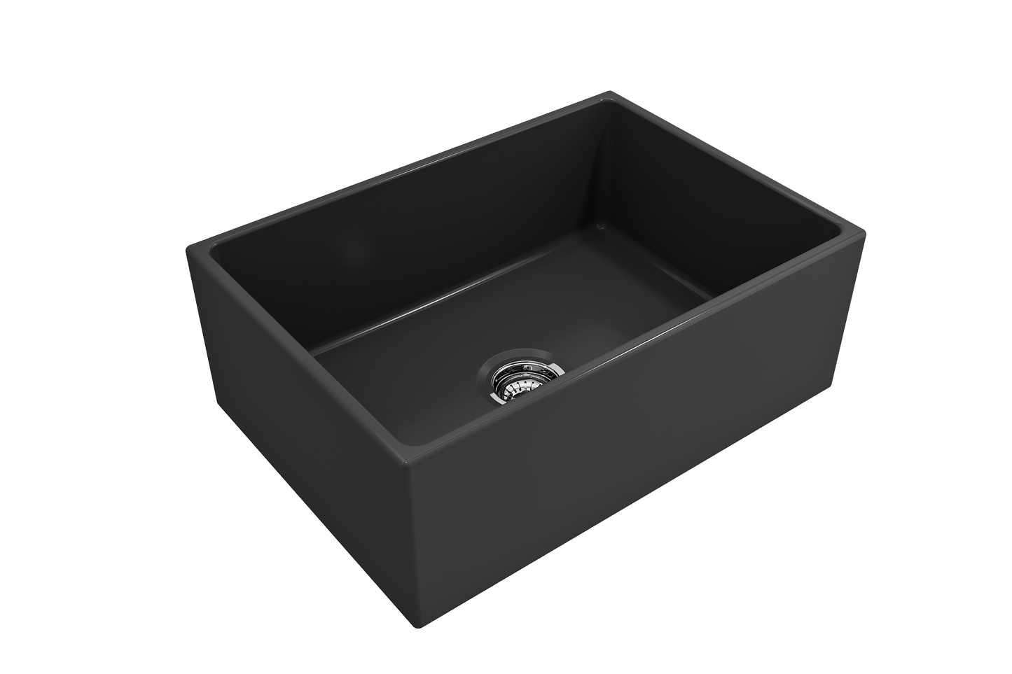 BOCCHI CONTEMPO 27" Fireclay Farmhouse Single Bowl Kitchen Sink with Protective Bottom Grid and Strainer in matte black, angled view.