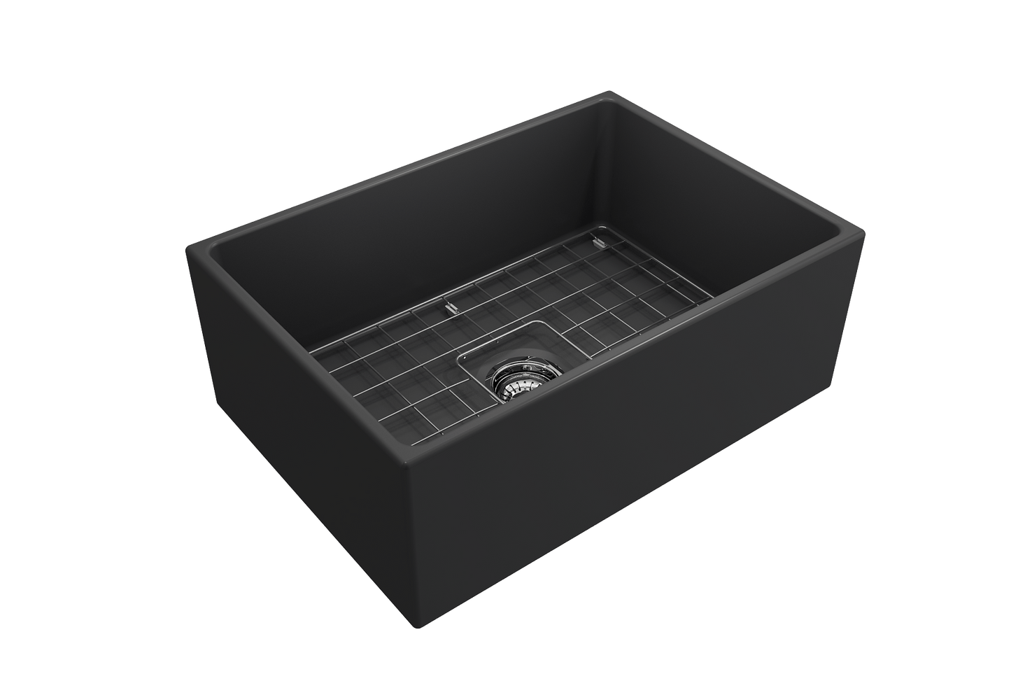 BOCCHI CONTEMPO 27" Fireclay Farmhouse Single Bowl Kitchen Sink with Protective Bottom Grid and Strainer in black finish, top view.