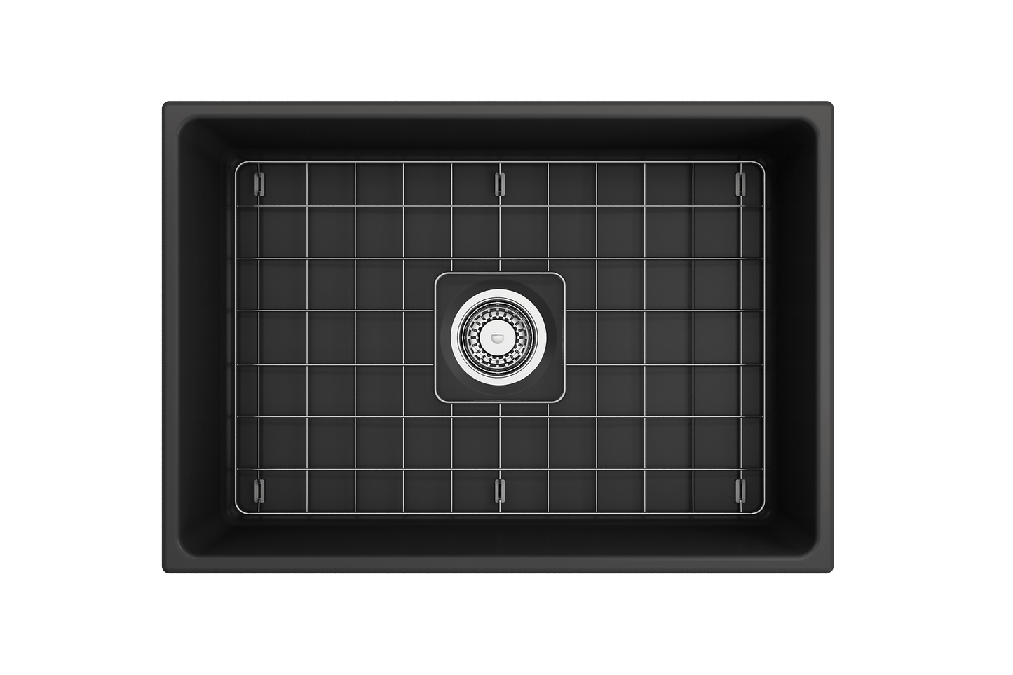 BOCCHI CONTEMPO 27" Fireclay Farmhouse Single Bowl Kitchen Sink with Protective Bottom Grid and Strainer, Black Finish, Top View.