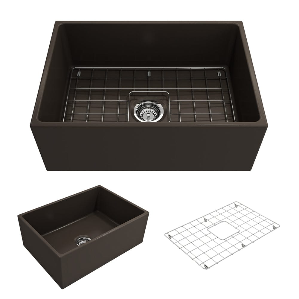 BOCCHI CONTEMPO 27" Fireclay Farmhouse Single Bowl Kitchen Sink with Protective Bottom Grid and Strainer in dark finish.