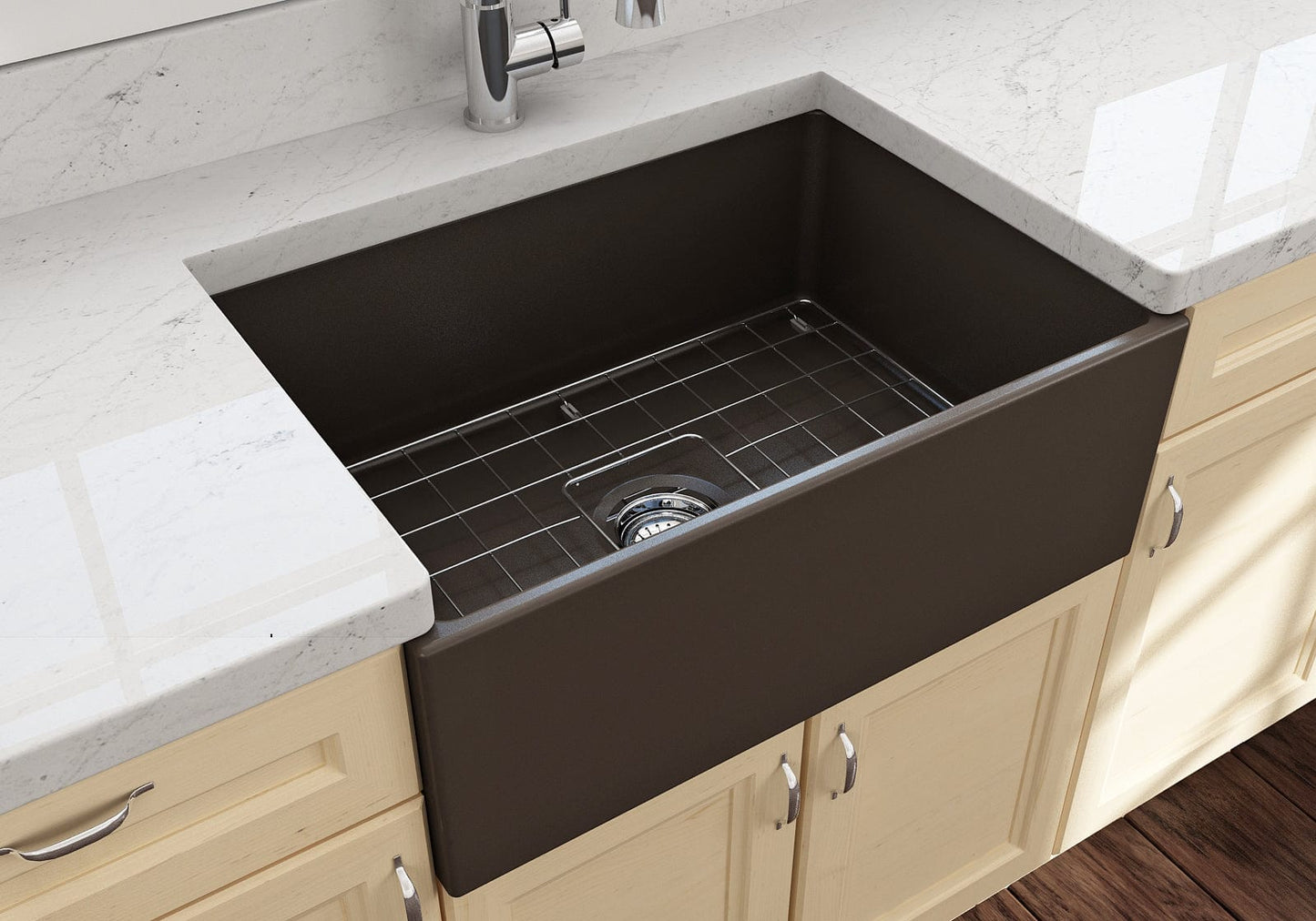 BOCCHI CONTEMPO 27" Fireclay Farmhouse Single Bowl Kitchen Sink with Protective Bottom Grid and Strainer in Matte Brown top view