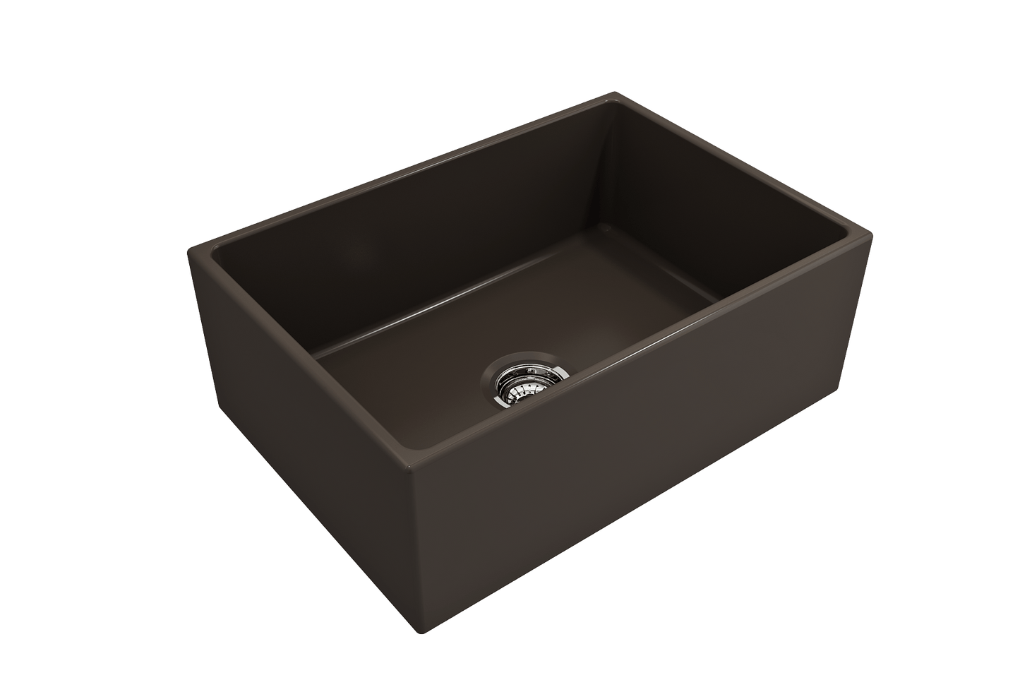 BOCCHI CONTEMPO 27" Fireclay Farmhouse Single Bowl Kitchen Sink with Protective Bottom Grid and Strainer in dark brown finish, top view.