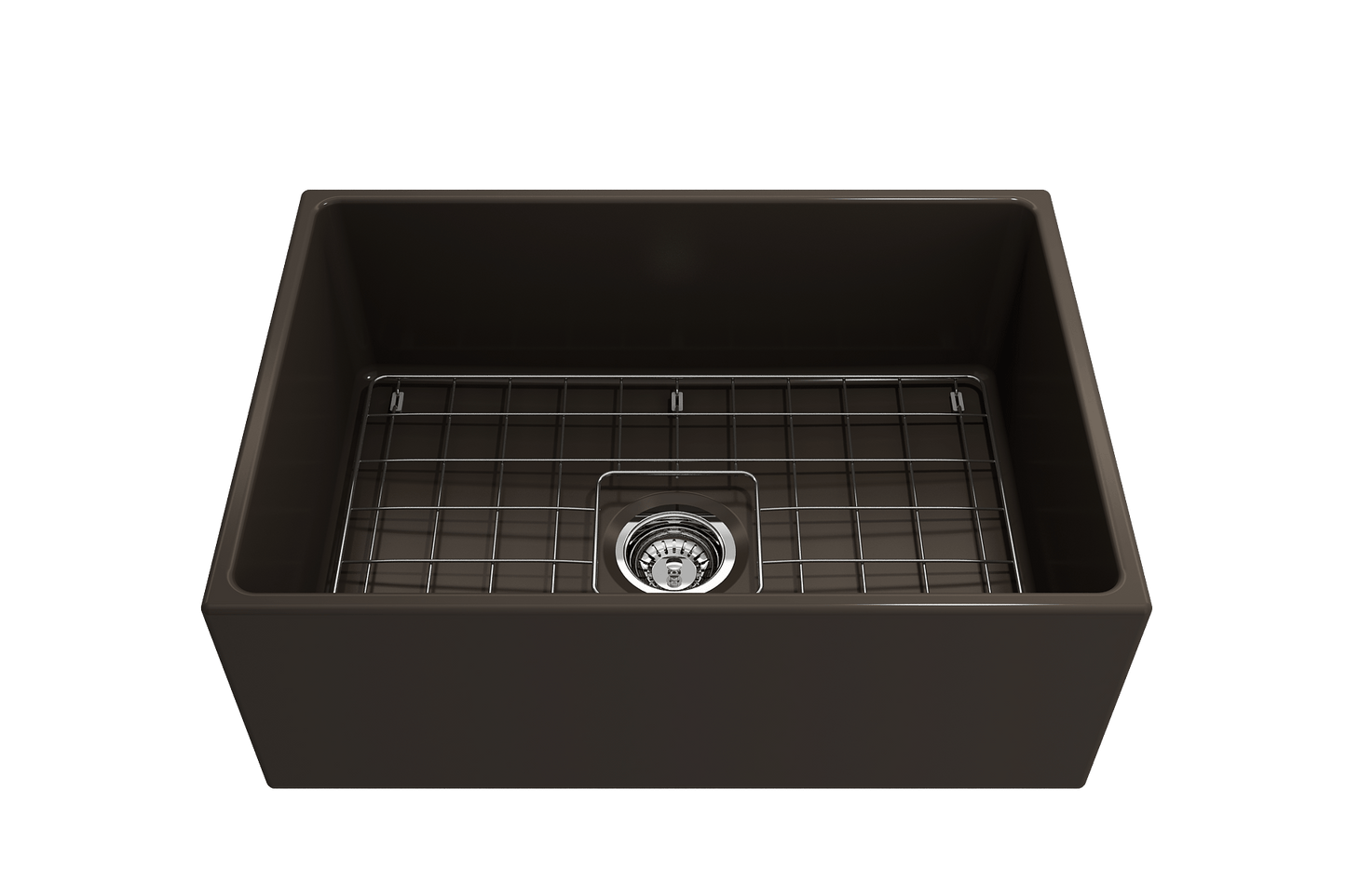 Top view of BOCCHI CONTEMPO 27" Fireclay Farmhouse Single Bowl Kitchen Sink with Protective Bottom Grid and Strainer in brown finish.