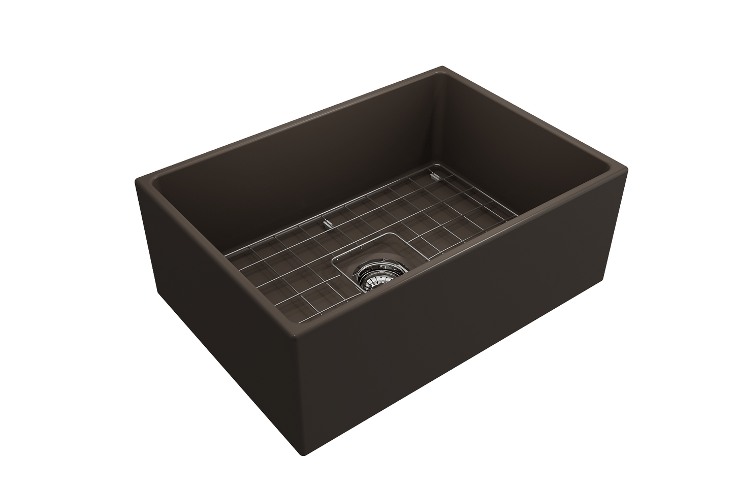 BOCCHI CONTEMPO 27" Fireclay Farmhouse Single Bowl Kitchen Sink with Protective Bottom Grid and Strainer in matte brown finish, angled view.
