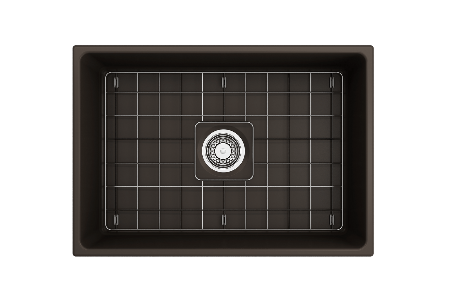 Top view of BOCCHI CONTEMPO 27" Fireclay Farmhouse Single Bowl Kitchen Sink with Protective Bottom Grid and Strainer in brown finish.