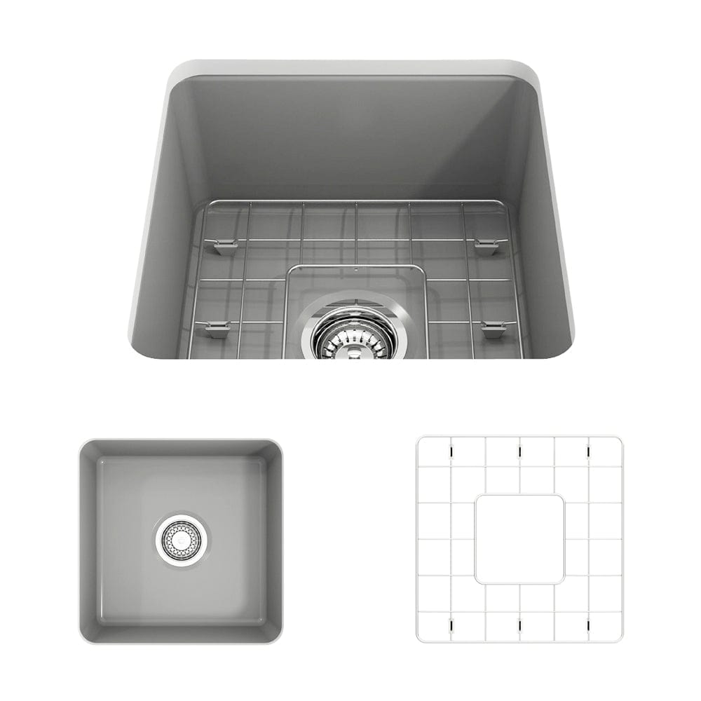 Top view of BOCCHI SOTTO 18" Fireclay Modern Undermount Single Bowl Kitchen Sink with Protective Bottom Grid and Strainer in Matte Gray.