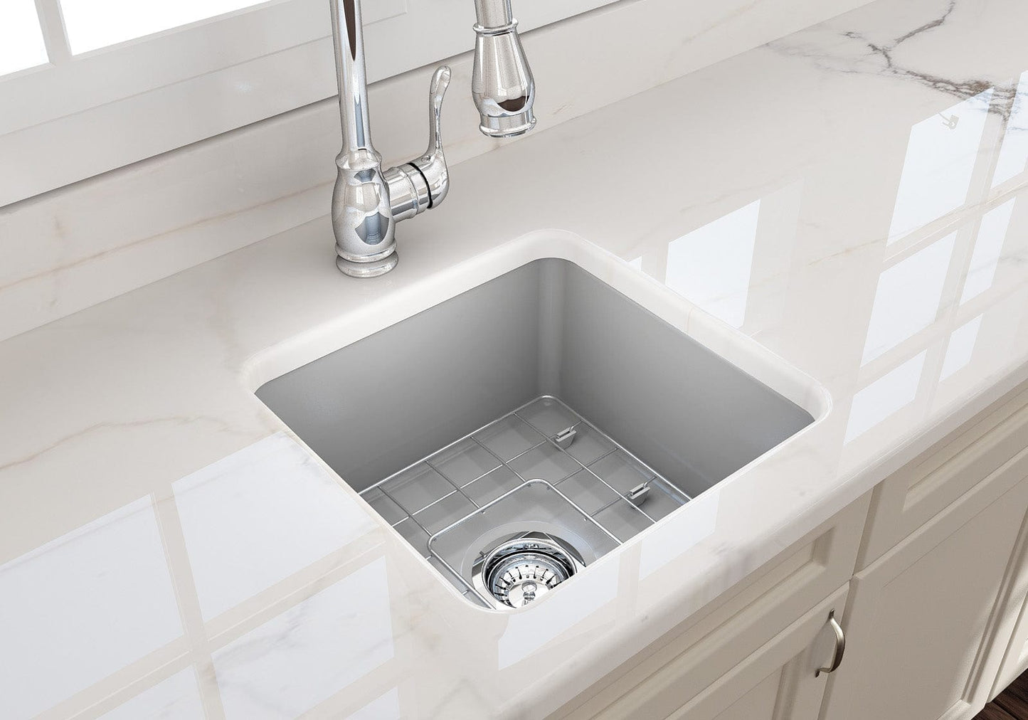 BOCCHI SOTTO 18" Fireclay Modern Undermount Single Bowl Kitchen Sink with Protective Bottom Grid and Strainer top view in sleek gray.