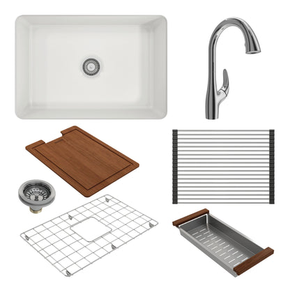 BOCCHI SOTTO 27" Fireclay Kitchen Sink with Protective Bottom Grid and Strainer and Accessories with Pagano 2.0 Faucet