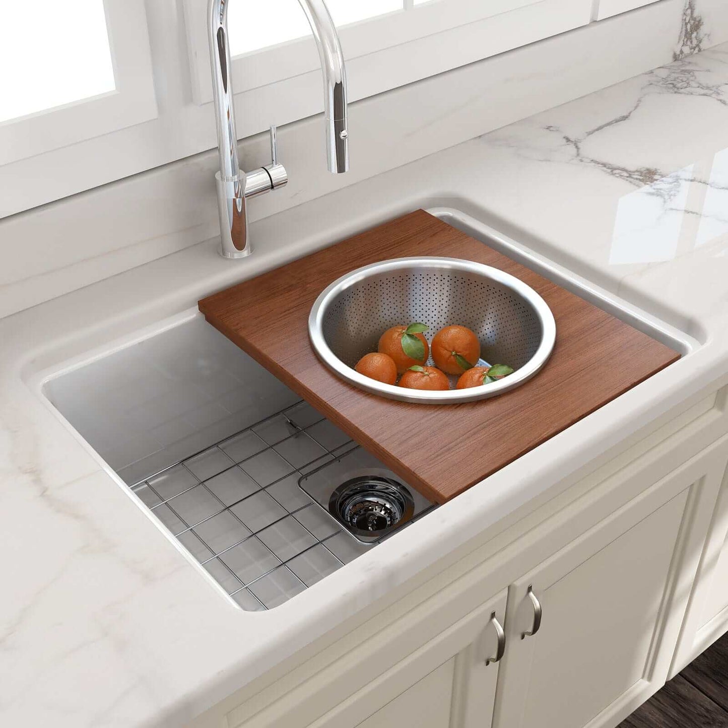 BOCCHI Prep Board Set for Workstation Sinks - Round SS Mixing Bowl & Colander - 2320 0015 with hardwood board and stainless steel bowl.