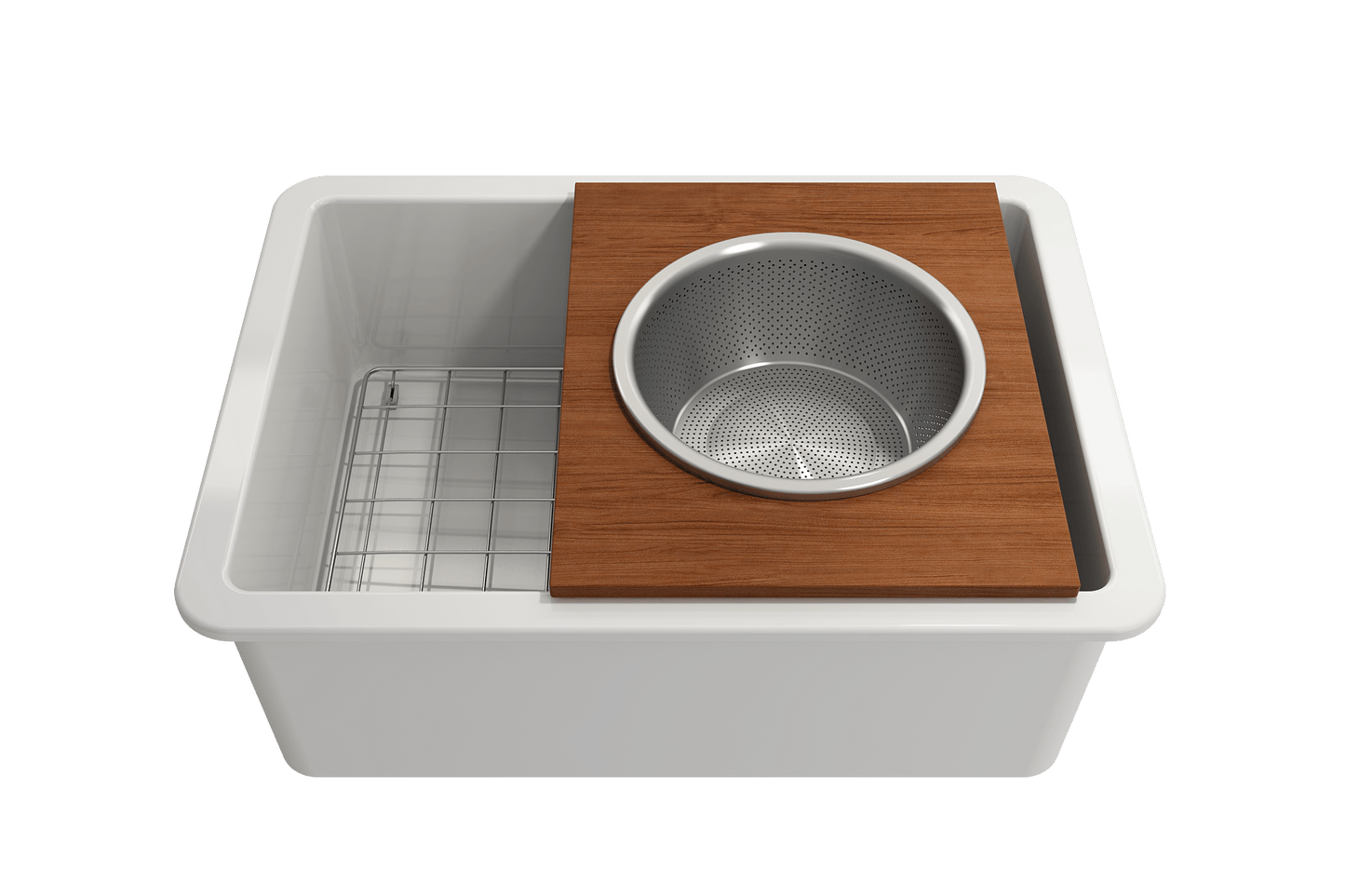 BOCCHI Prep Board Set for Workstation Sinks - Round SS Mixing Bowl & Colander - 2320 0015 displayed in a workstation sink.
