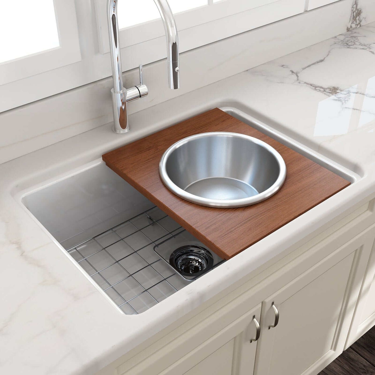 BOCCHI Prep Board Set for Workstation Sinks - Round SS Mixing Bowl & Colander - 2320 0015 in kitchen sink with mahogany board.