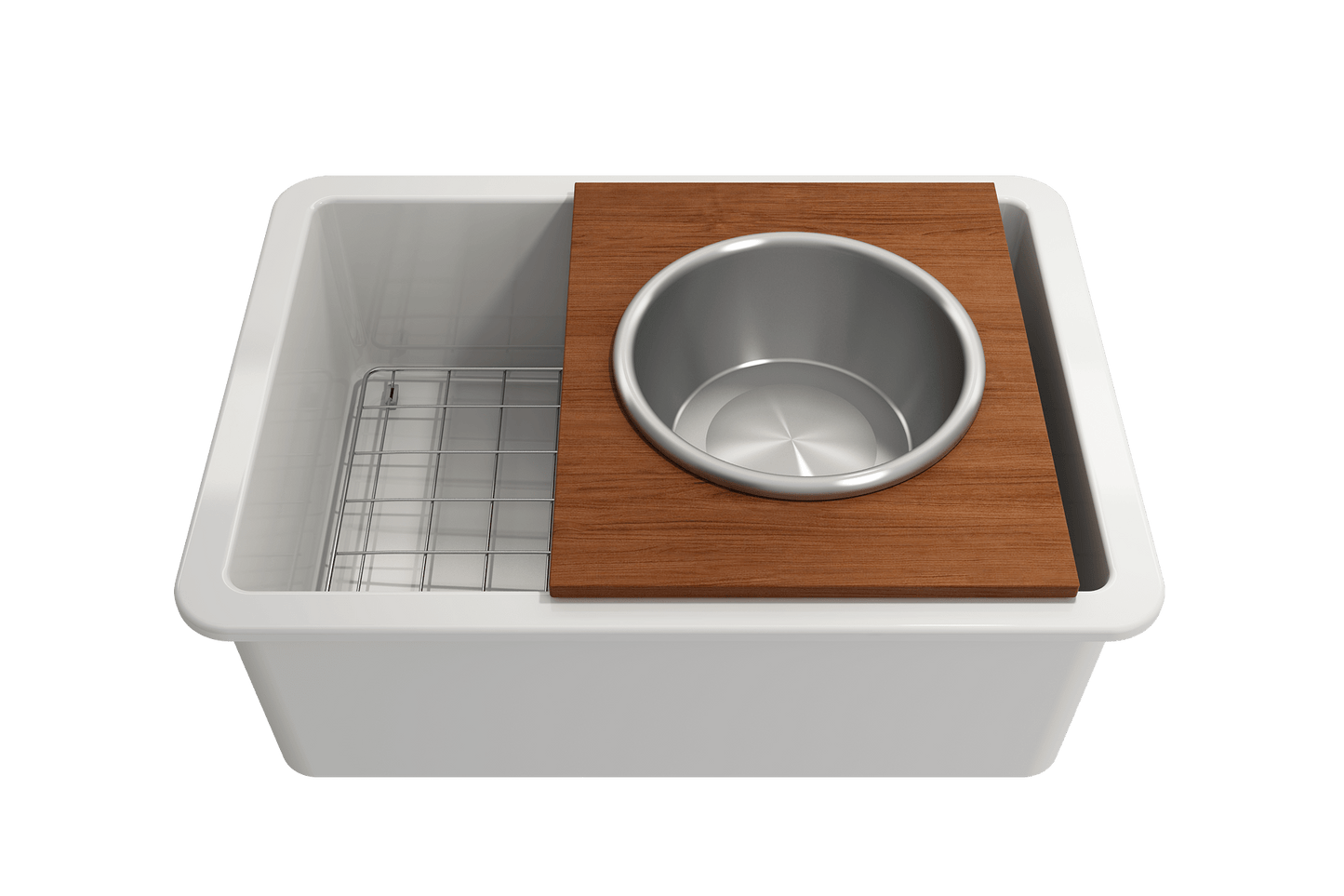 BOCCHI Prep Board Set for Workstation Sinks - Round SS Mixing Bowl & Colander - 2320 0015 in use with sink.