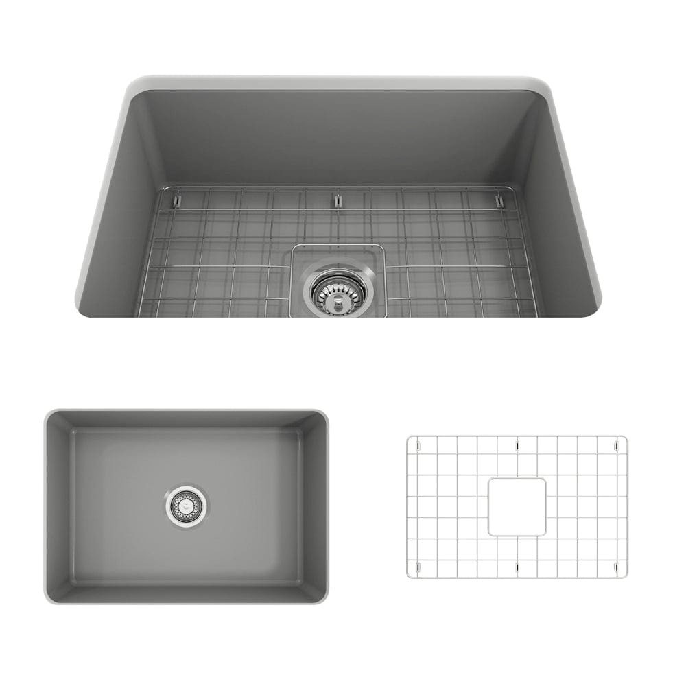 BOCCHI SOTTO 27" Fireclay Modern Undermount Single Bowl Kitchen Sink with Protective Bottom Grid and Strainer, Matte Gray, top view.