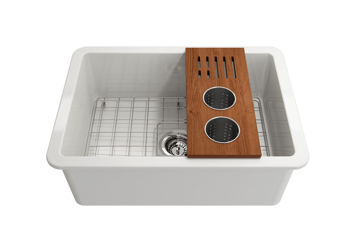 BOCCHI Workstation Prep Board Set - 2 Round Stainless Steel Colanders & Knife Holder 2320 0009 on a white sink.