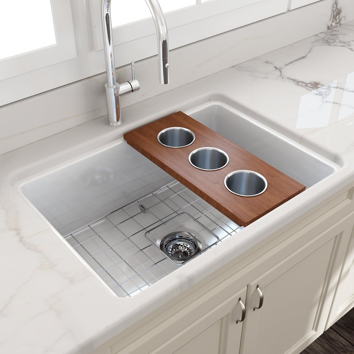 BOCCHI Prep Board Set for Workstation Sinks with 3 Round Stainless Steel Bowls 2320 0011 installed in a modern kitchen sink.