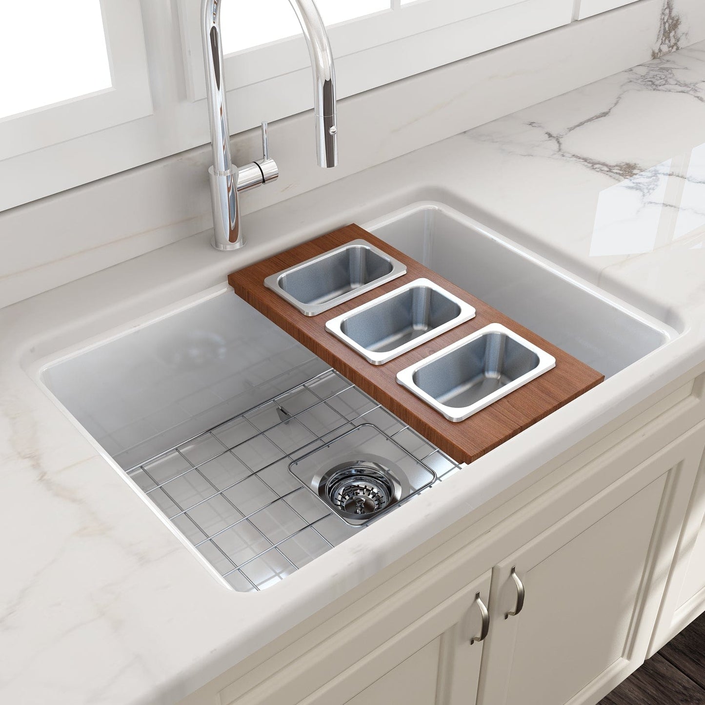 Bocchi Wood Board for Workstation Sinks - with 3 Rectangular Stainless Steel Bowls - 2320 0013 displayed over a modern sink.