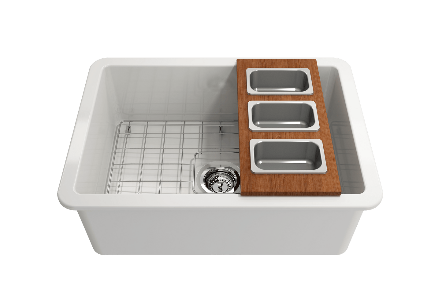 Bocchi Wood Board for Workstation Sinks - with 3 Rectangular Stainless Steel Bowls - 2320 0013 placed on sink.