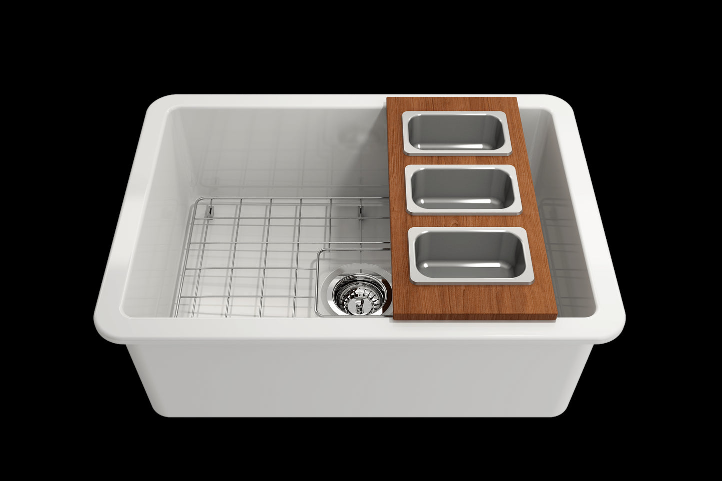 Wood Board with 3 Rectangular Stainless Steel Bowls F/1344, 1348, 1360, 1362, 1504, 1505, 1506 (short side only), 1627, 1628