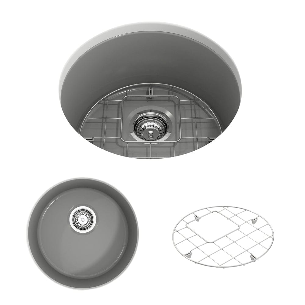 Top view of BOCCHI SOTTO 18.5" Fireclay Modern Undermount Single Bowl Kitchen Sink with Protective Bottom Grid and Strainer in Matte Gray.
