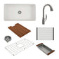 BOCCHI SOTTO 32" Fireclay Kitchen Sink with Pagano Faucet and Accessories including rack and cutting board.