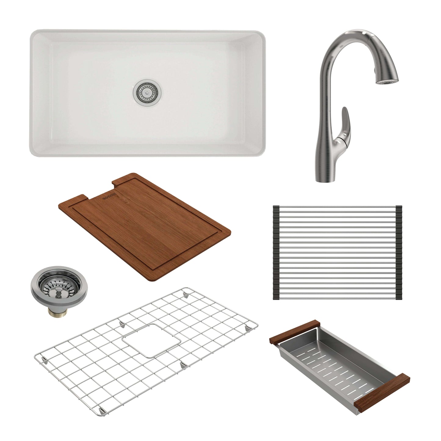 BOCCHI SOTTO 32" Fireclay Kitchen Sink with Pagano Faucet and Accessories including rack and cutting board.