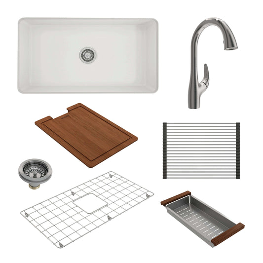 BOCCHI SOTTO 32" Fireclay Kitchen Sink with Pagano Faucet and Accessories including rack and cutting board.
