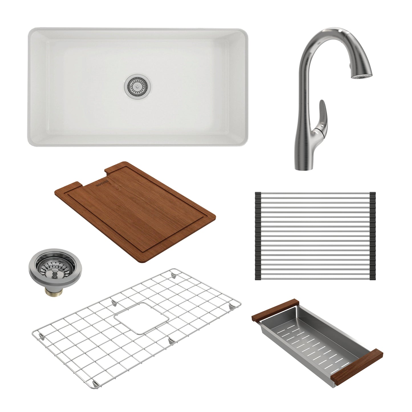BOCCHI SOTTO 32" Fireclay Kitchen Sink Kit with Protective Bottom Grid and Strainer and Workstation Accessories