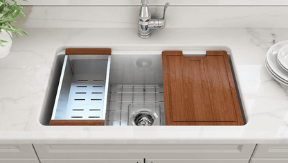 BOCCHI SOTTO 32" Fireclay Kitchen Sink with Pagano Faucet and Accessories, featuring wooden cutting board and stainless steel colander.