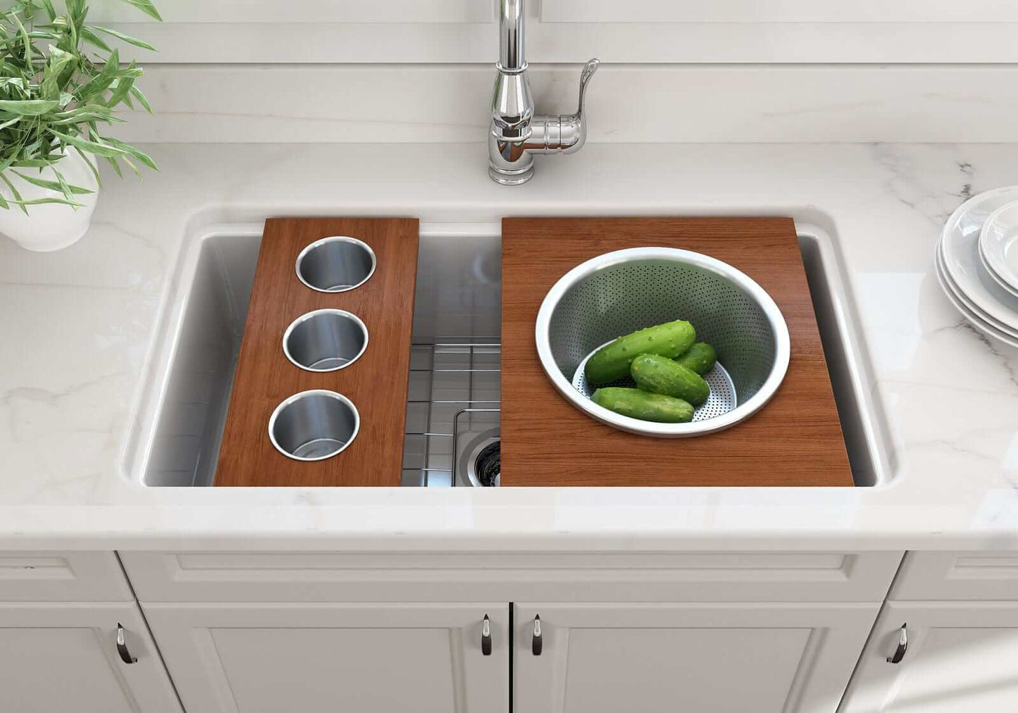 BOCCHI Prep Board Set for Workstation Sinks - Round SS Mixing Bowl & Colander - 2320 0015 in kitchen sink with cucumbers.