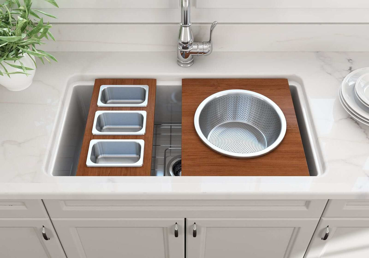 BOCCHI Prep Board Set for Workstation Sinks - Round SS Mixing Bowl & Colander - 2320 0015 in a modern kitchen sink.