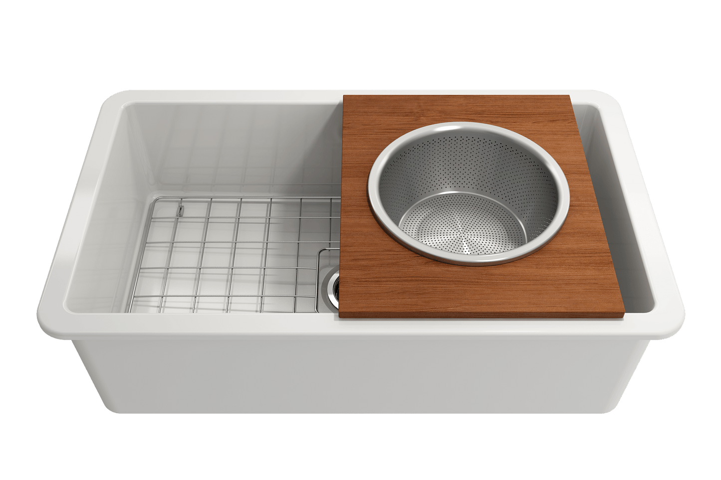 BOCCHI Prep Board Set for Workstation Sinks - Round SS Mixing Bowl & Colander - 2320 0015 in use with sink.