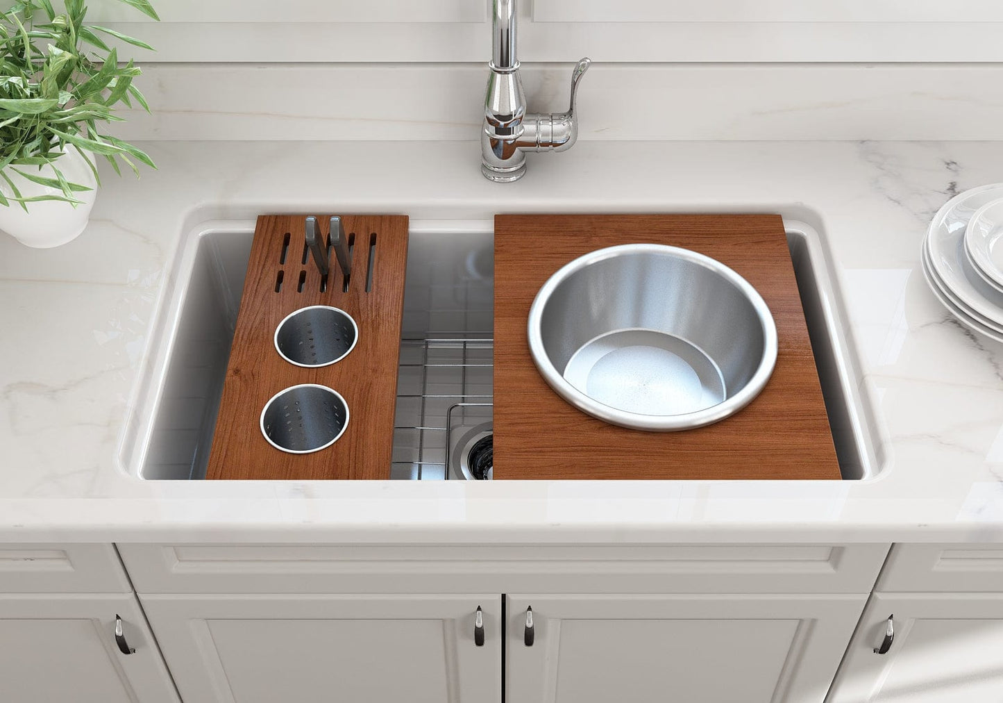 BOCCHI Prep Board Set for Workstation Sinks - Round SS Mixing Bowl & Colander - 2320 0015 in modern kitchen sink.